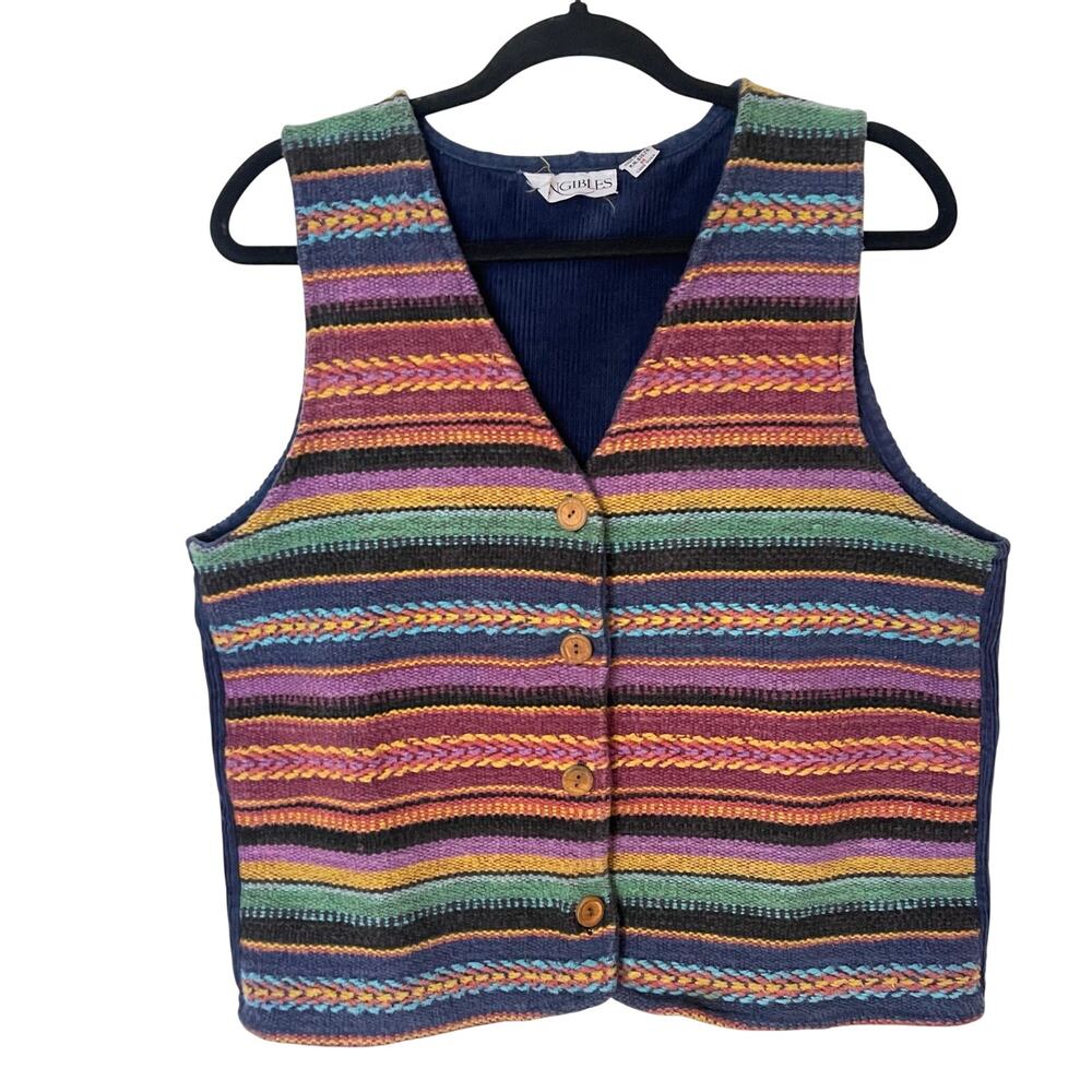 VTG 90s Tangibles Woven Front Striped CorduroyBack Vest Medium Boho Hippie